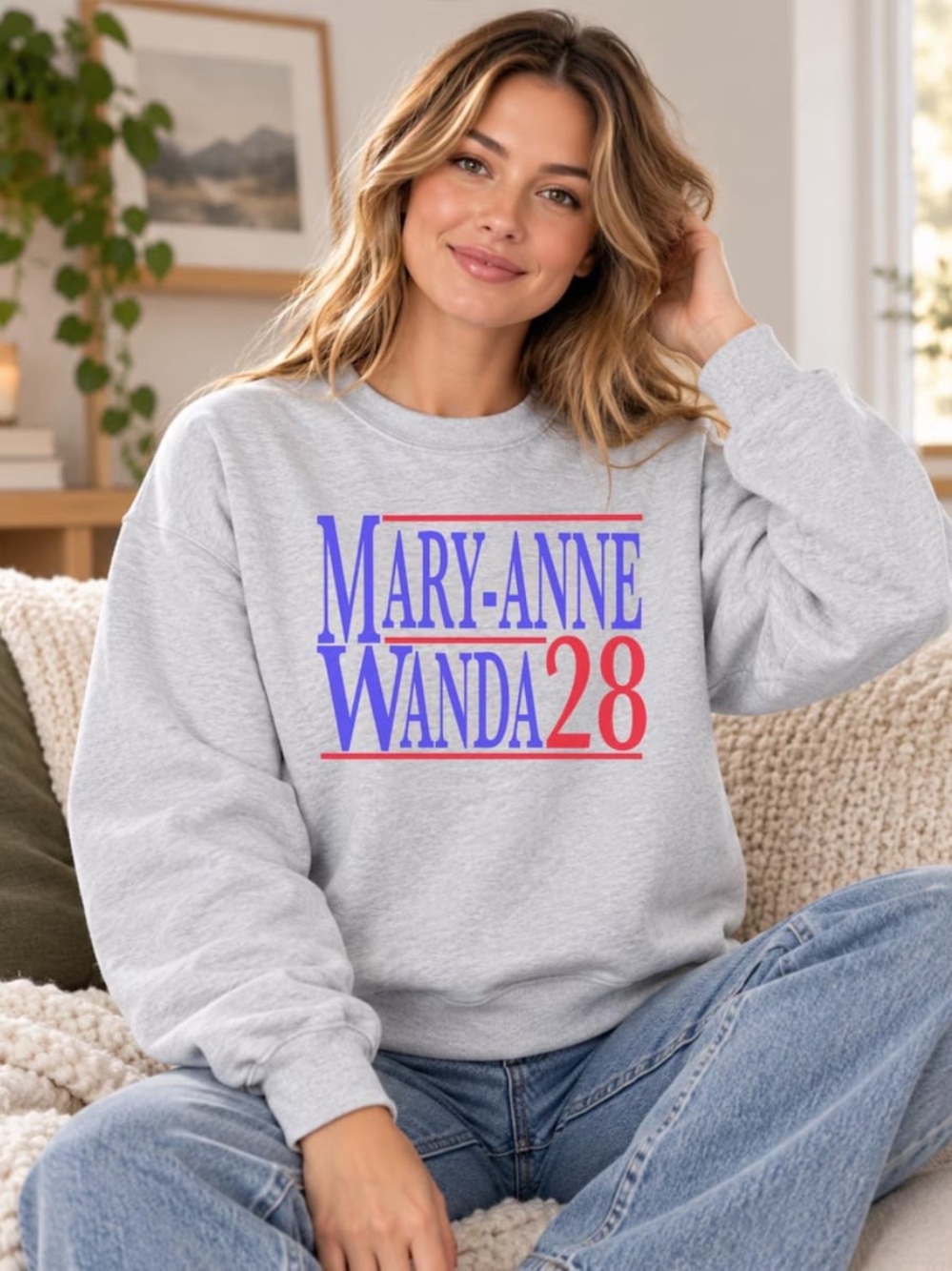 Ash Gray Crewneck Sweatshirt with Blue and Red Mary-Anne Wanda 28 Graphic
